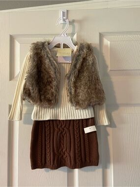 Rachel Zoe Cream Ribbed Sweater with Brown Faux Fur Trim